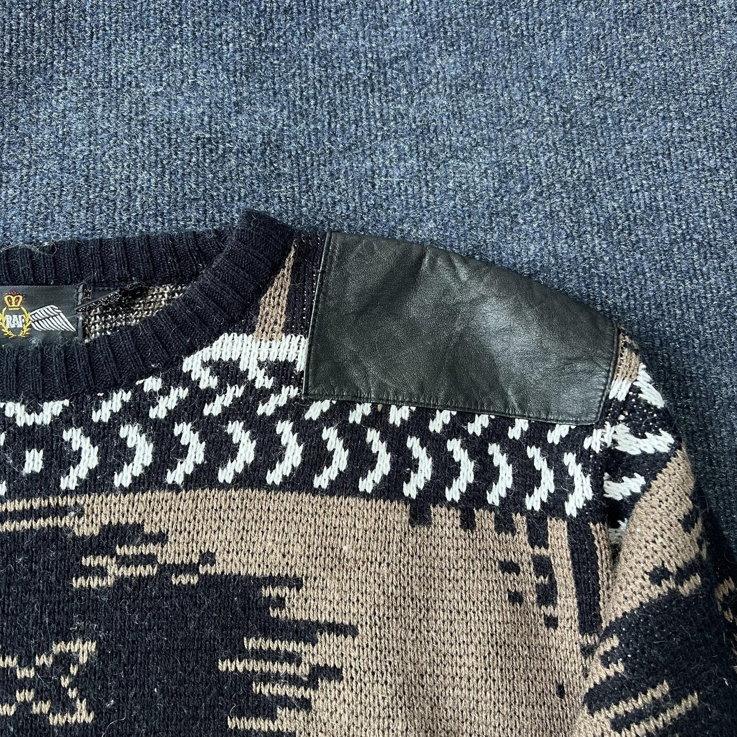 Vintage 90s Aztec Knit Leather Patch Sweater