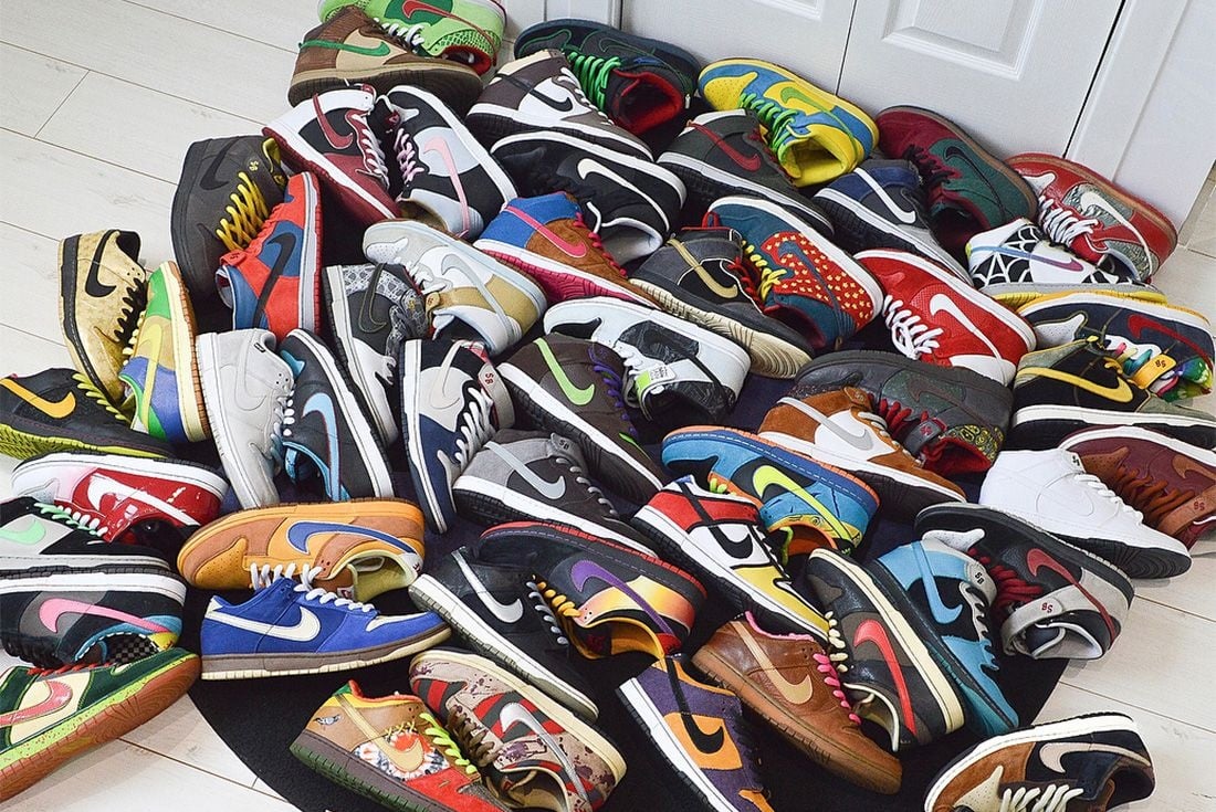 large assortment of nike dunks and jordans of various colors