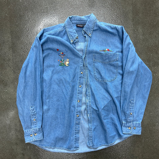 Vintage Nature Bird Denim Button Down