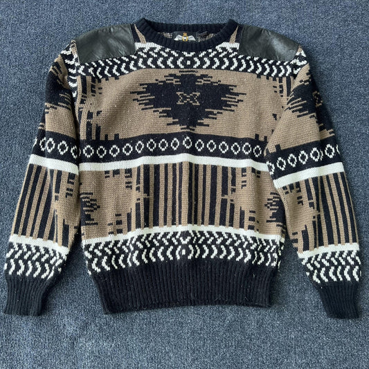 Vintage 90s Aztec Knit Leather Patch Sweater