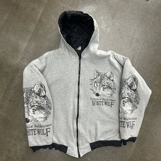 Vintage 90s Canadian Wilderness White Wolf All Over Lined Zip Up Jacket