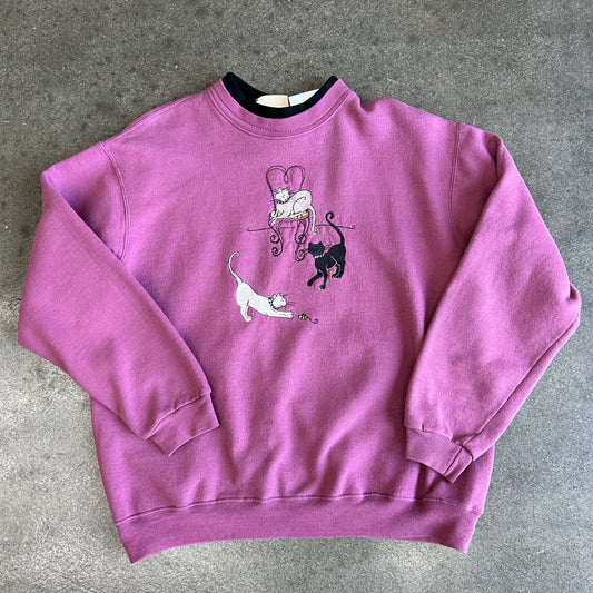 Vintage Purple Top Stitch Cats Crewneck