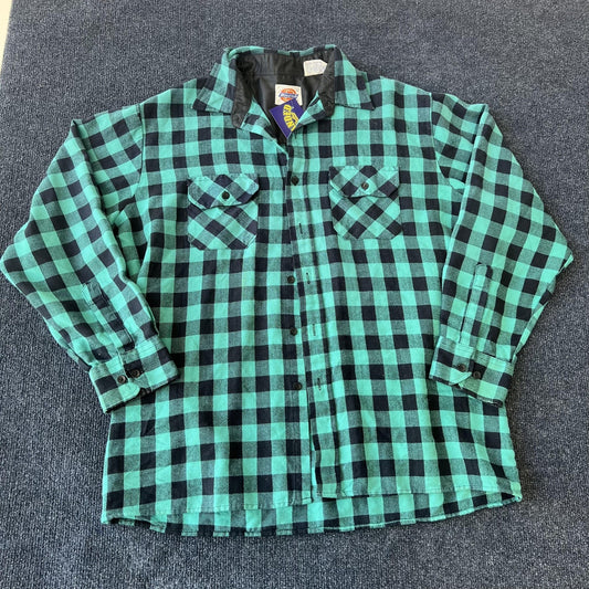 Dickies Shirt Mens Large Green Black Plaid Flannel Lined Workwear Made Korea