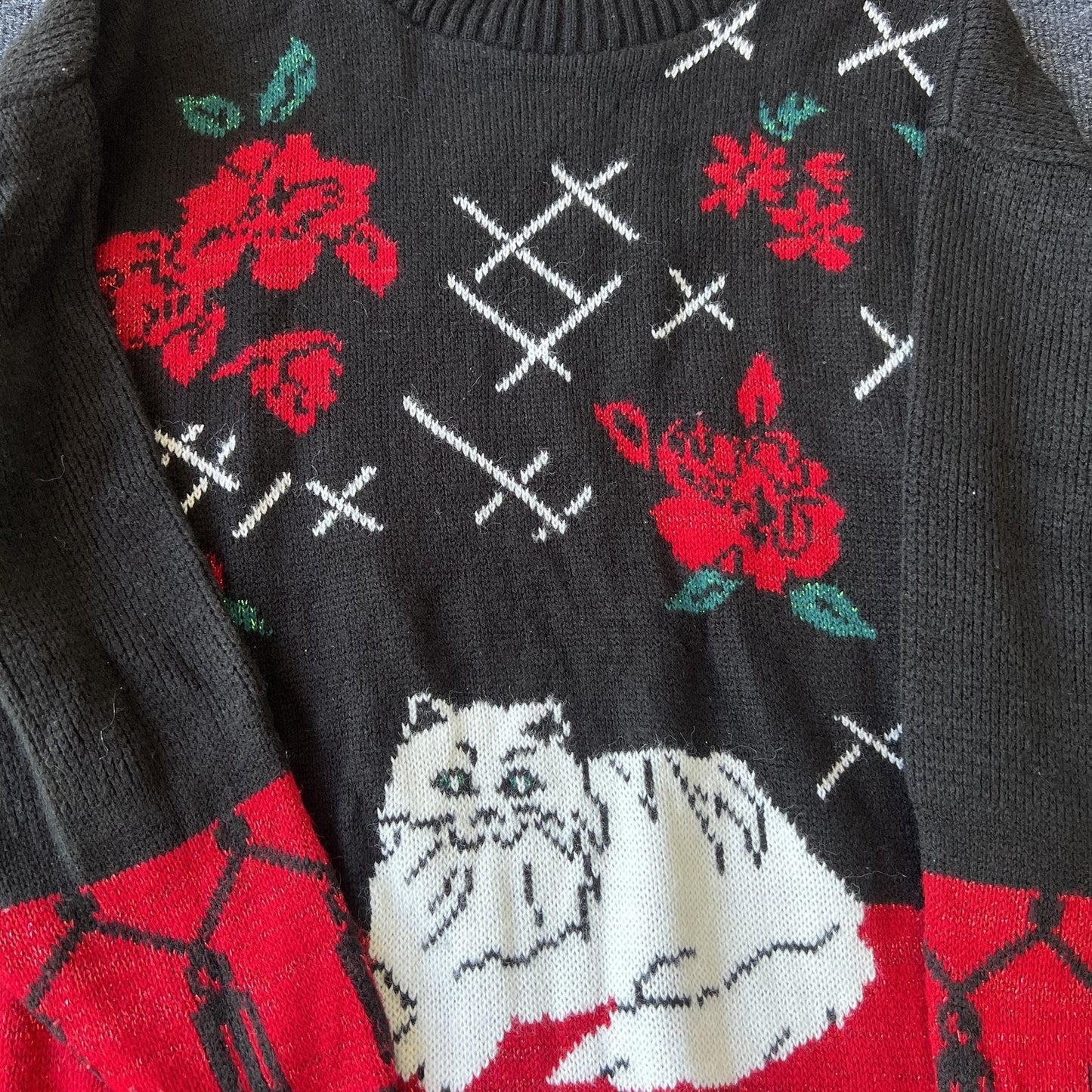 Vintage Cat Floral Knit Sweater