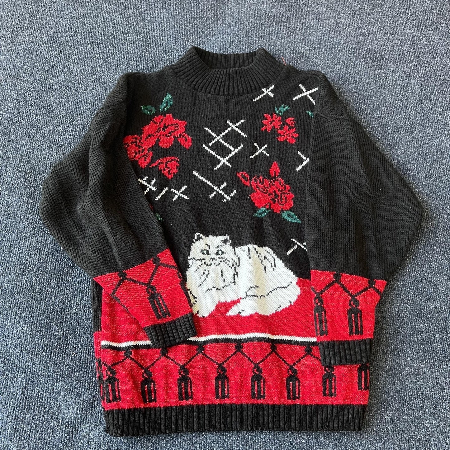 Vintage Cat Floral Knit Sweater