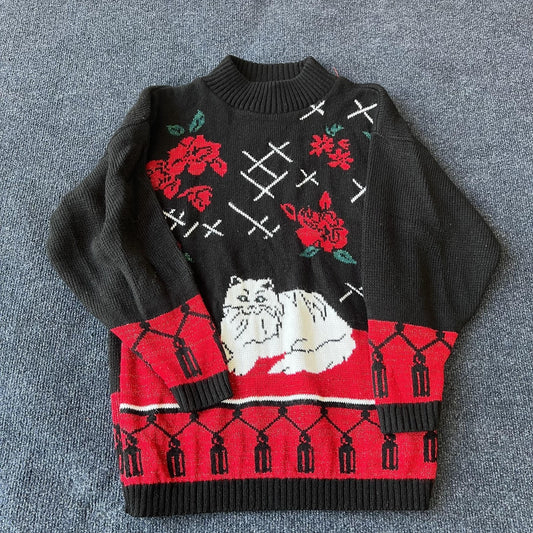 Vintage Cat Floral Knit Sweater