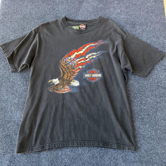 Vintage 2003 Harley Black Eagle Flag Tee
